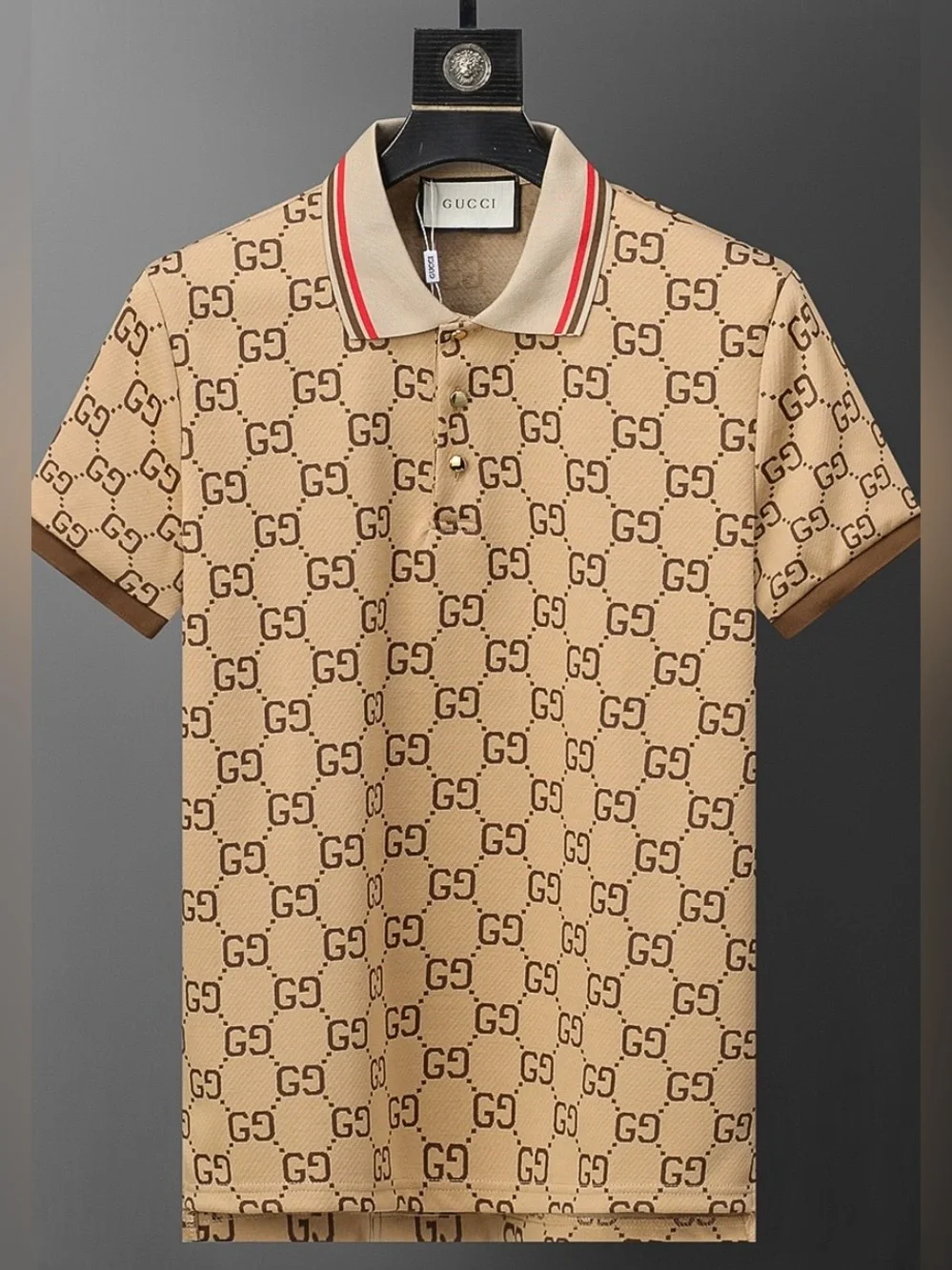 Gucci Beige GG Monogram Polo with Red-Trim Collar